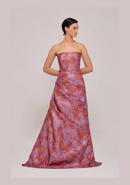 Layered Hem Gown with Metallic Floral Jacquard