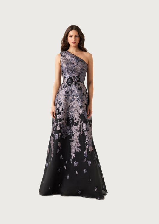Floral Metallic Jacquard Pleated One Shoulder Gown