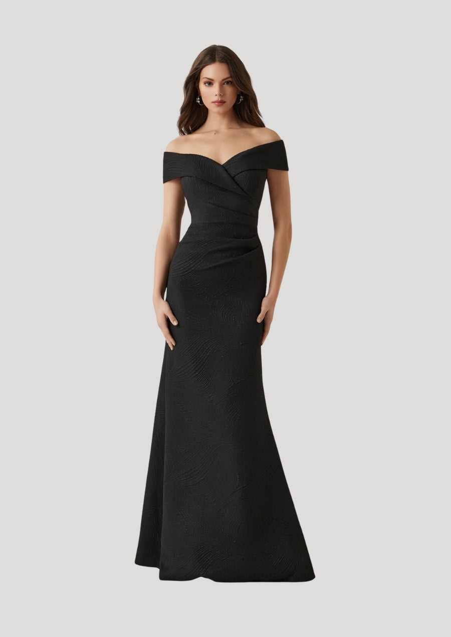 Metallic Jacquard Wavy Pattern Portrait Gown