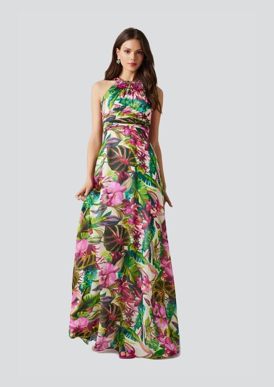 Chiffon Jungle Print Embellished Halter Gown
