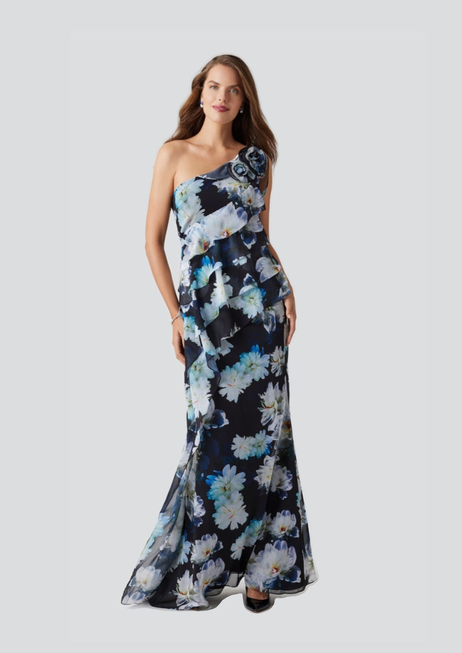 One-Shoulder Floral Ruffle Gown with Rosette Detail