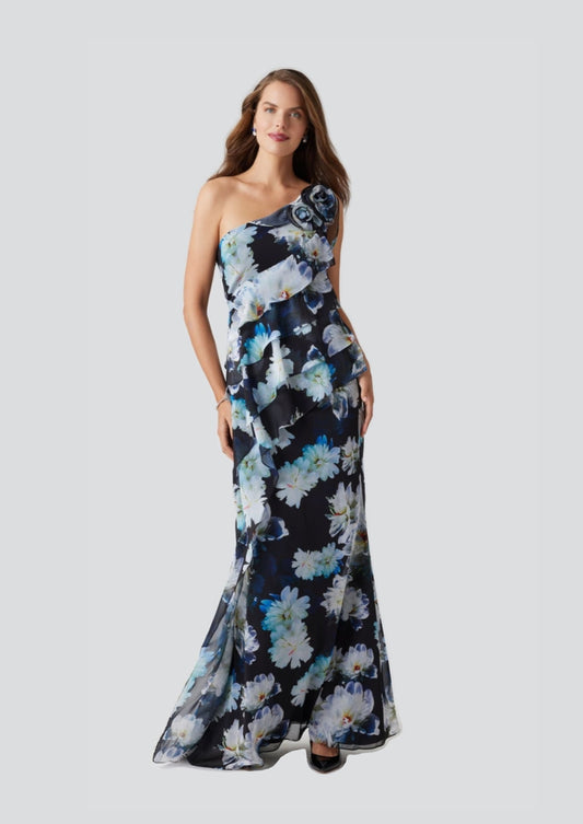 One-Shoulder Floral Ruffle Gown with Rosette Detail
