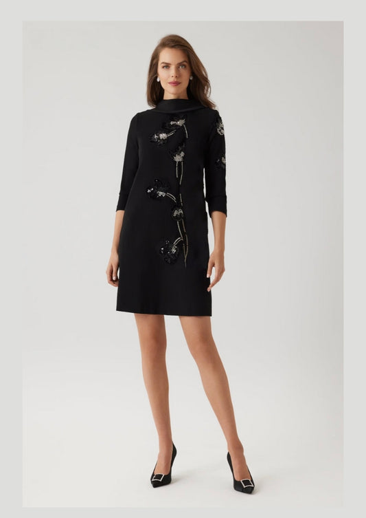 Crepe Cowl Neck Beaded Flower Dress