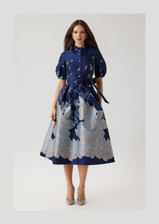 Metallic Jacquard Floral Puff Sleeve Dress