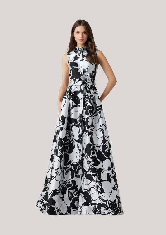 Sleeveless Black & White Floral A-Line Gown