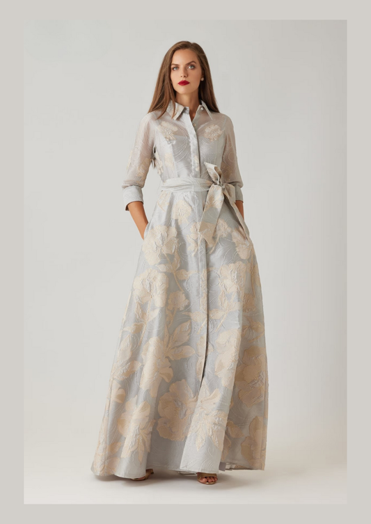 Metallic Floral Jacquard Shirt Waist Gown