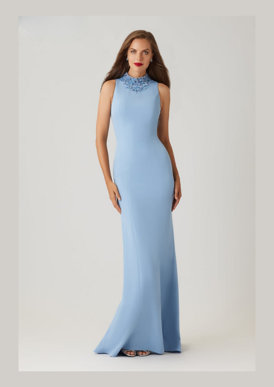 Crepe Beaded Neck Column Gown