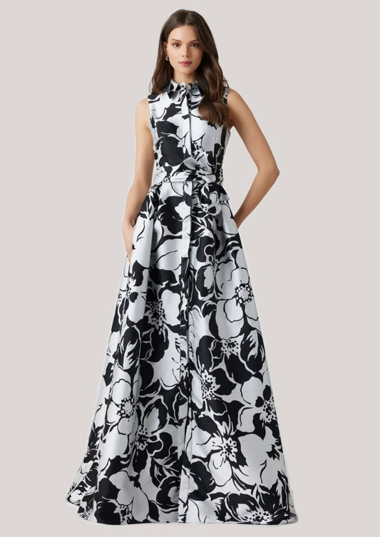 Sleeveless Black & White Floral A-Line Gown