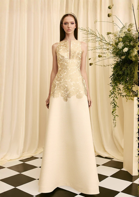 Sleeveless Metallic Brocade Gown