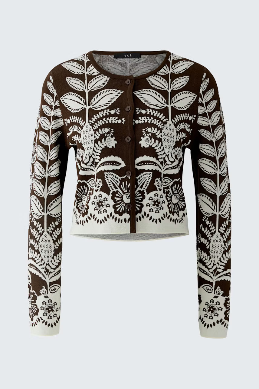 Oui #97486 Fine Knit Cardigan with Floral Pattern
