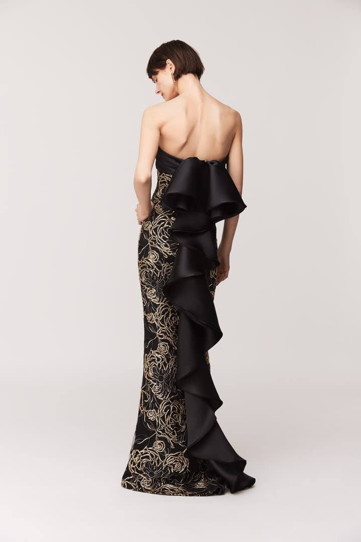 Gold and Black Gown with Back Ruffle