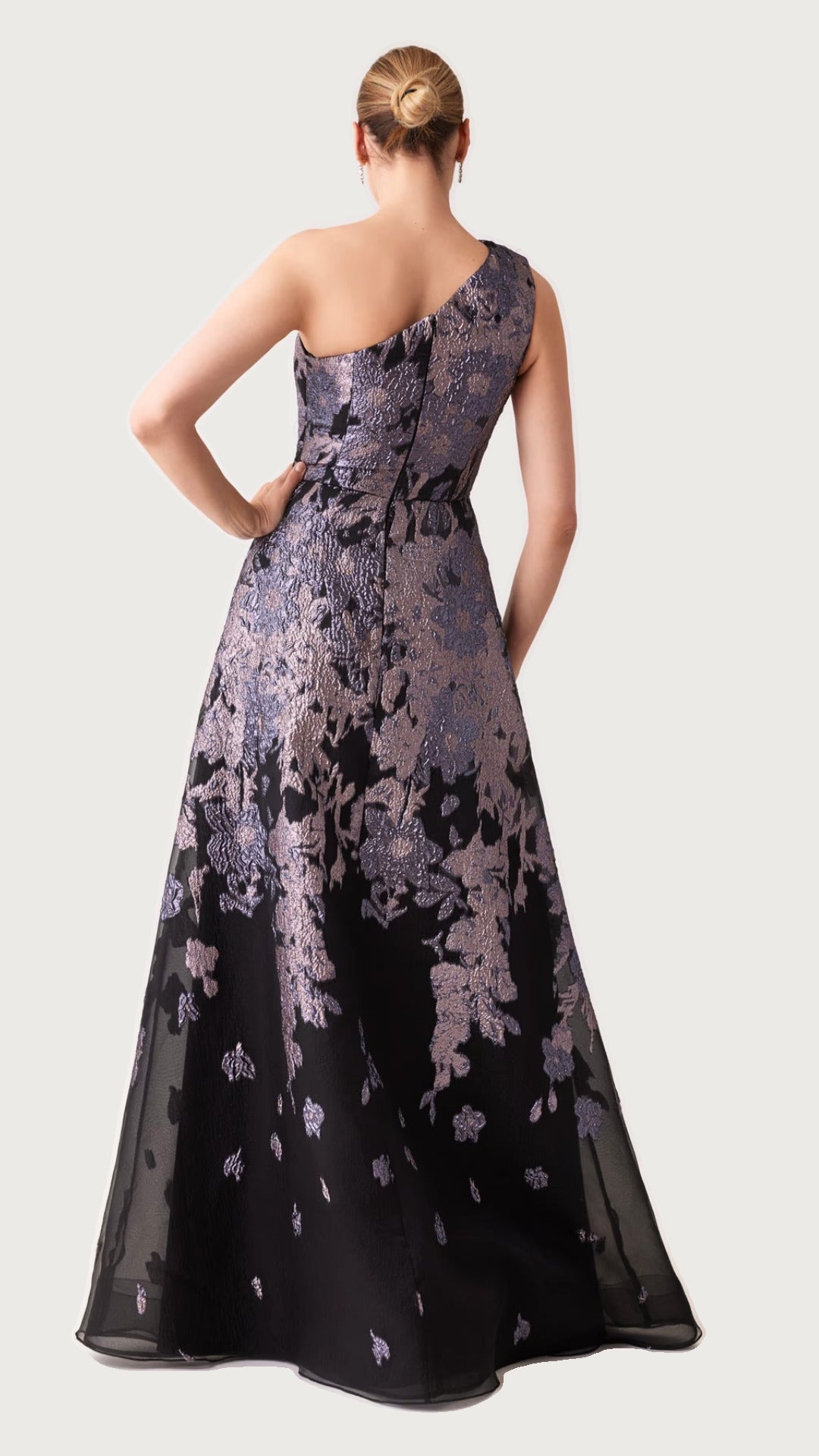 Floral Metallic Jacquard Pleated One Shoulder Gown