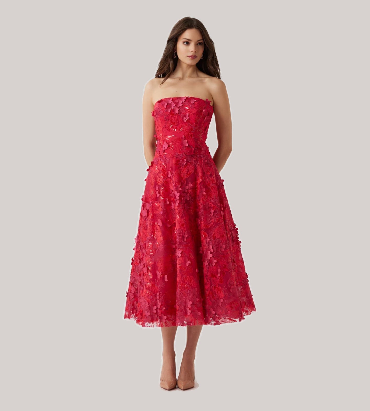 Strapless 3D Overlay Fit And Flare Dress