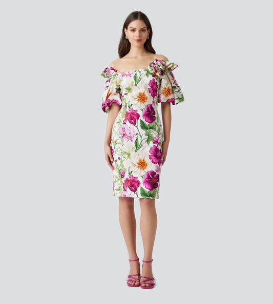 Off-Shoulder Cotton Floral Balloon Sleeve Dress
