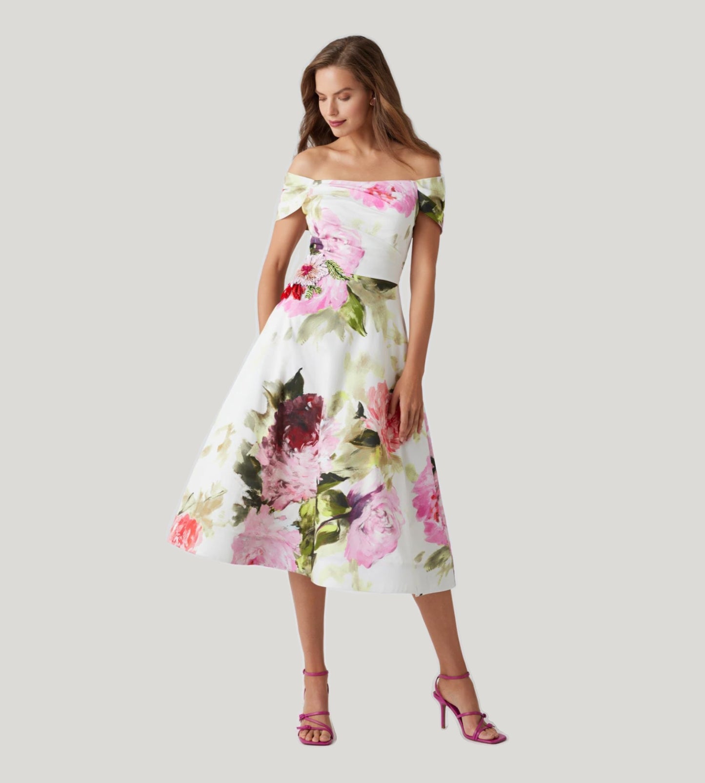 Off-Shoulder Cotton Dress with Beaded Flower Waist