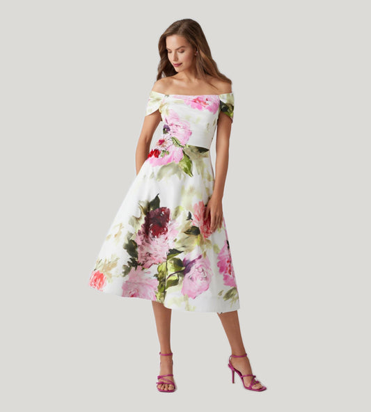 Off-Shoulder Cotton Dress with Beaded Flower Waist