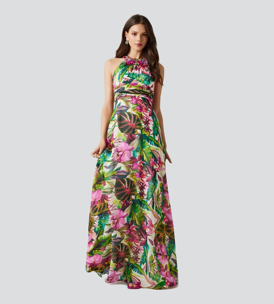 Chiffon Jungle Print Embellished Halter Gown