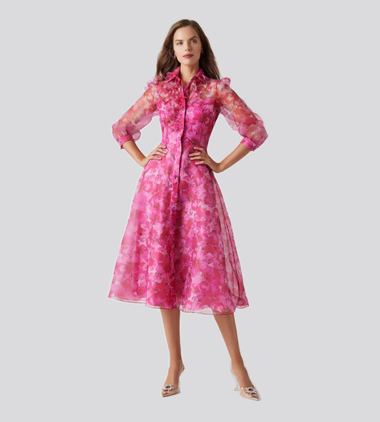 Organza Flower Trim Shirt Waist Dress