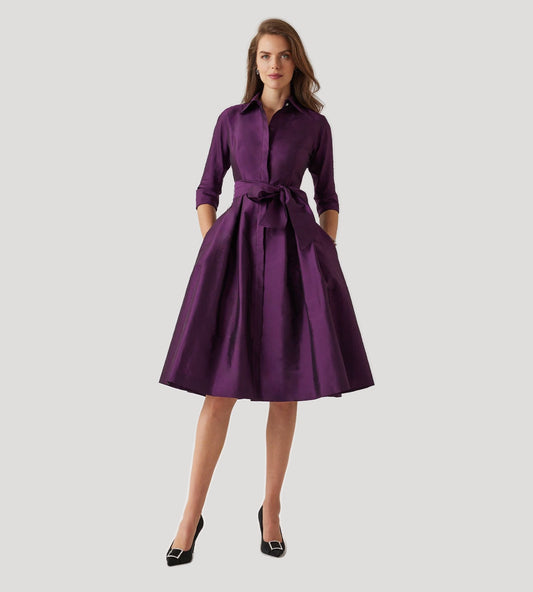 3/4 Sleeve Belted Taffeta Shirt Dress