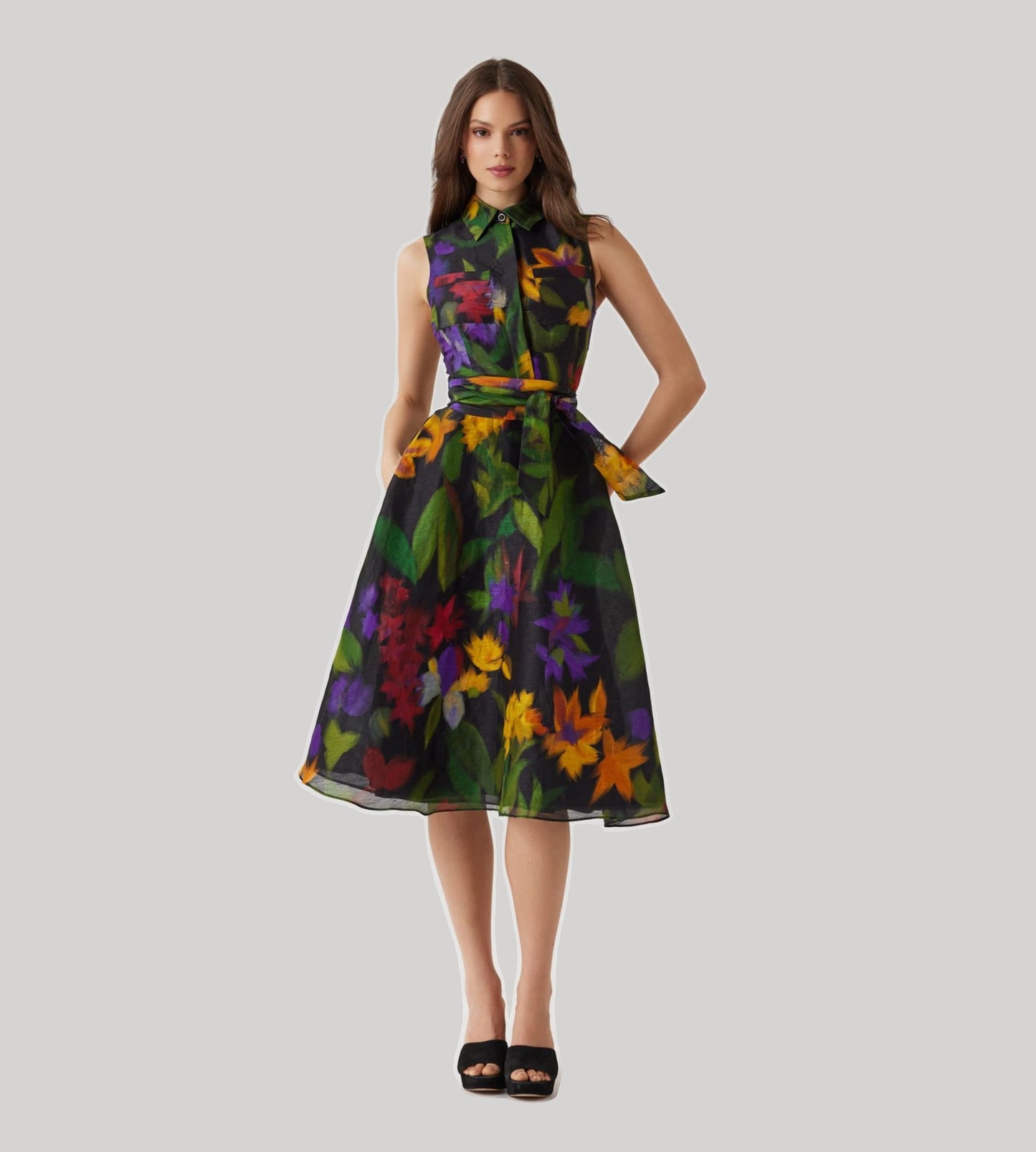 Silken Linen Hazy Floral Sleeveless Shirt Dress