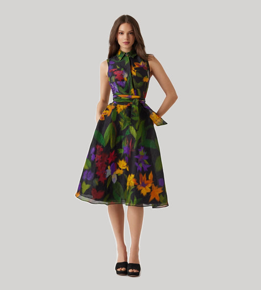 Silken Linen Hazy Floral Sleeveless Shirt Dress