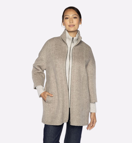 Brushed Herringbone Zip Mock Coat